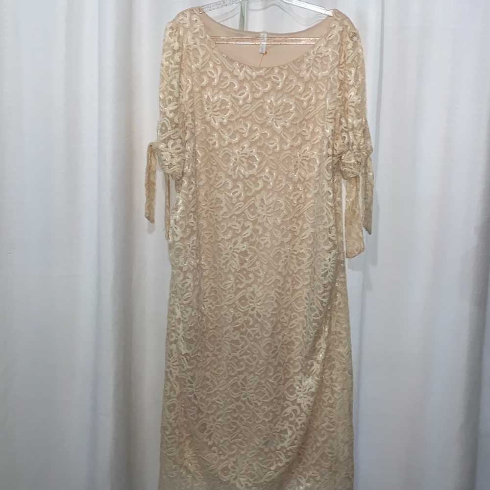 Pink Blush, midi creamy lace dress with liner. Size extra large tie sleeves ♥️💍
